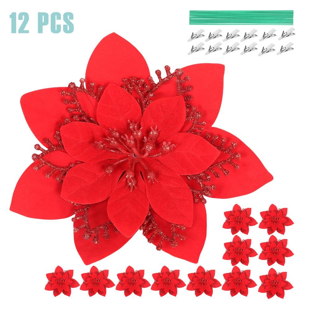 5.5 in. Artificial Poinsettia Christmas Tree Centerpiece Ornaments Decorations, Red (12-Pack) -  Oumilen, PT193