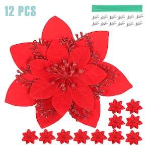 5.5 in. Artificial Poinsettia Christmas Tree Centerpiece Ornaments Decorations, Red (12-Pack)