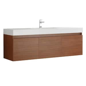 Mezzo 60 in. Modern Wall Hung Bath Vanity in Teak with Vanity Top in White with White Basin
