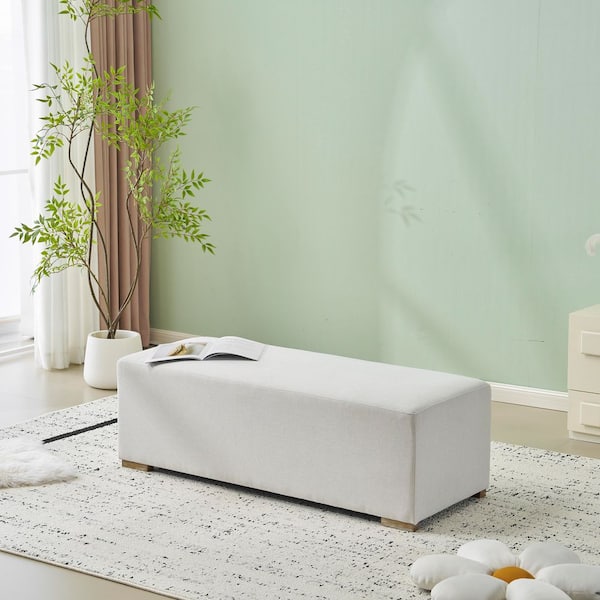 Auris Modern White Fabric Upholstery Rectangle Accent Ottoman Bench with Wooden Legs