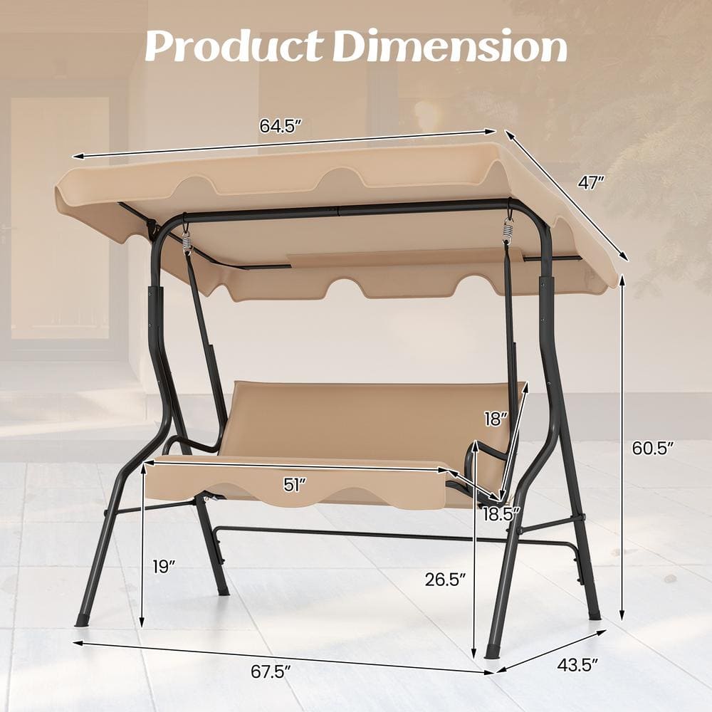 Beige Metal Frame Outdoor Patio Swing with Adjustable Canopy