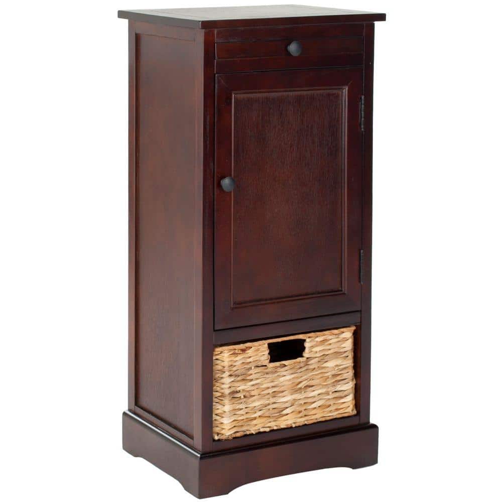 Dark Cherry Tall Accent Cabinet with Woven Basket