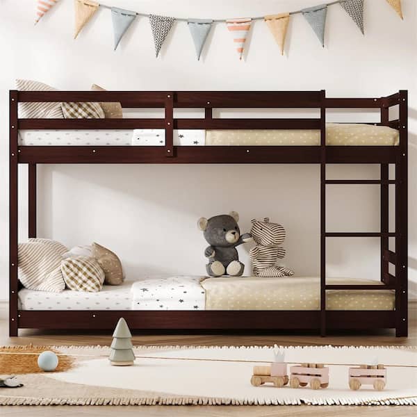 Brown Twin Kids Low Floor Bunk Bed with Guard Rails and Stairs