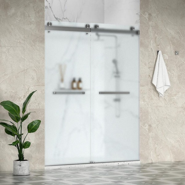 SolaAE 56-60 in. W x 76 in. H Double Sliding Frameless Shower Door in Brushed Nickel with 3/8 in. Obscure Glass