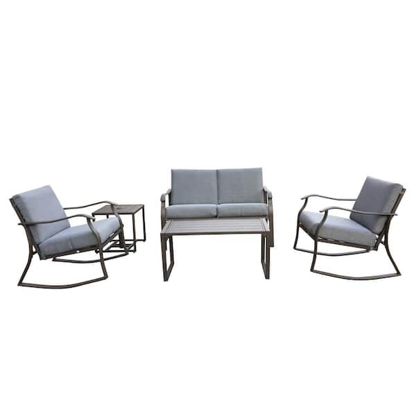 ITOPFOX Brown 4-Piece Metal Outdoor Sectional Set with Cushion Guard Blue Cushions with 2 Chairs, 1 Side and 1 Center Table