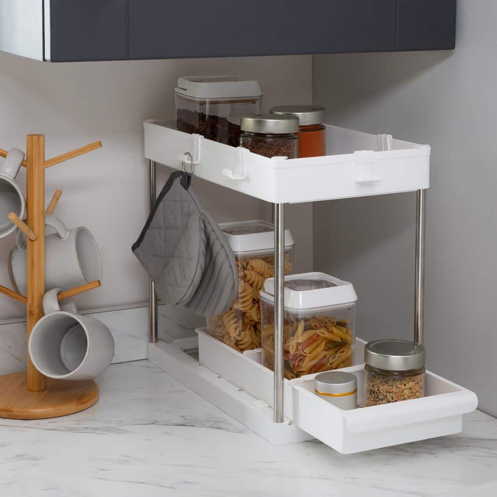 Simplify 2-Tier White Plastic Sink Organizer with Drawer