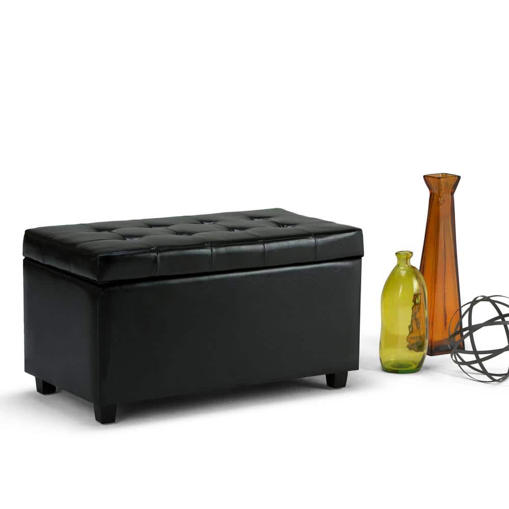Midnight Black Tufted Faux Leather Rectangular Ottoman