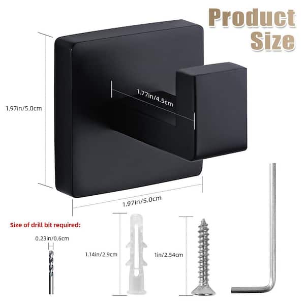 4 Pack J-Hook Bath Hooks in Matte Black for Bathroom Robe Hook Coat Hook, Wall Mounted Square Hooks