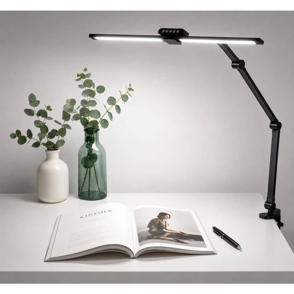 BICIK 30 in. Black Plug-In Dimmable and Flexible Clip-On Desk Lamp with ...
