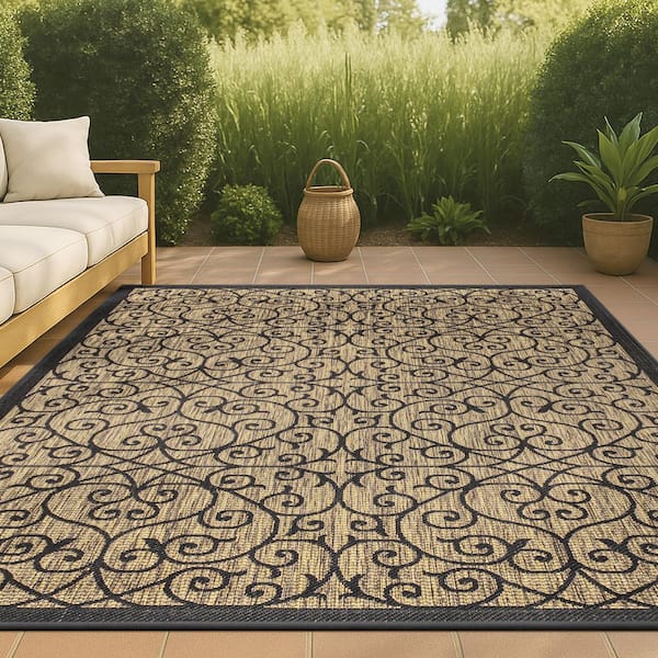 Madrid Vintage Filigree Black/Khaki 3 ft. 11 in. x 6 ft. Textured Weave Indoor/Outdoor Area Rug