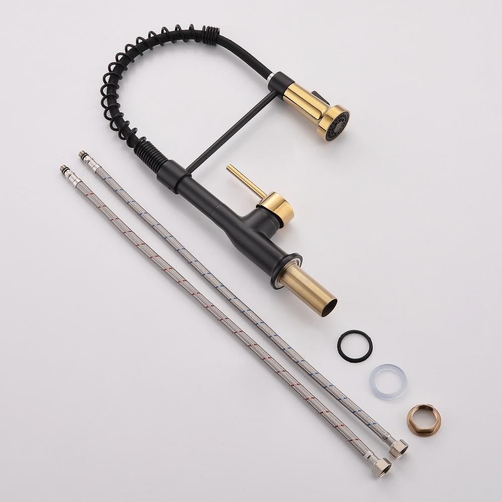 Matte Black and Polished Gold Pull Down Kitchen Faucet with Spray