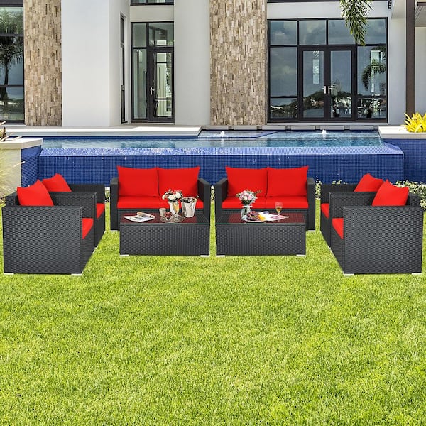 Black 8-Piece Wicker Patio Conversation Set with Red Cushions