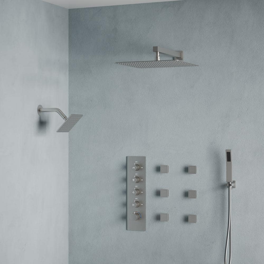 16" Dual Shower Heads with Handheld Spray and Body Jets in Brushed Nickel