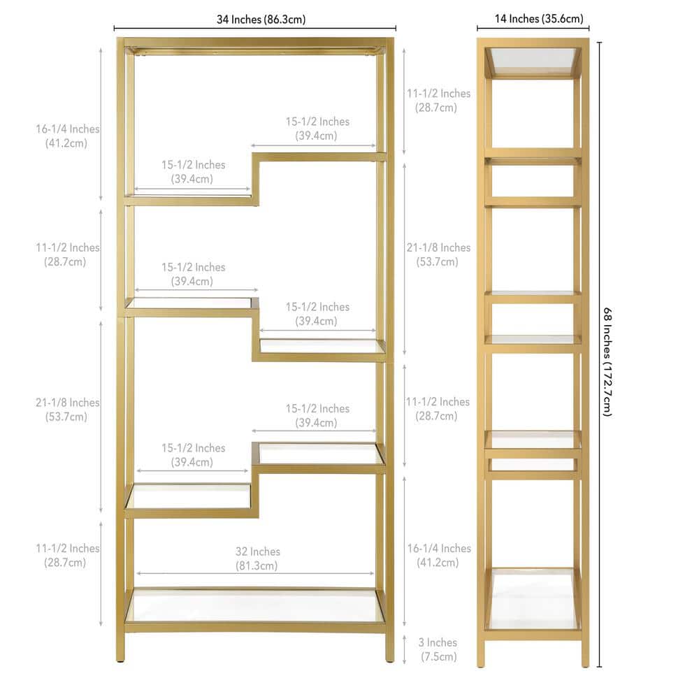 Contemporary 68'' Brass Metal and Tempered Glass 4-Tier Bookcase