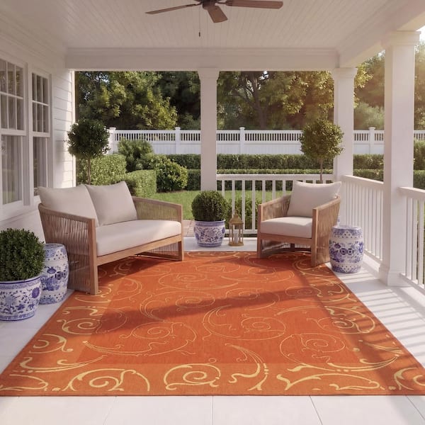 Courtyard Terracotta/Natural 8 ft. x 11 ft. Border Indoor/Outdoor Patio Area Rug