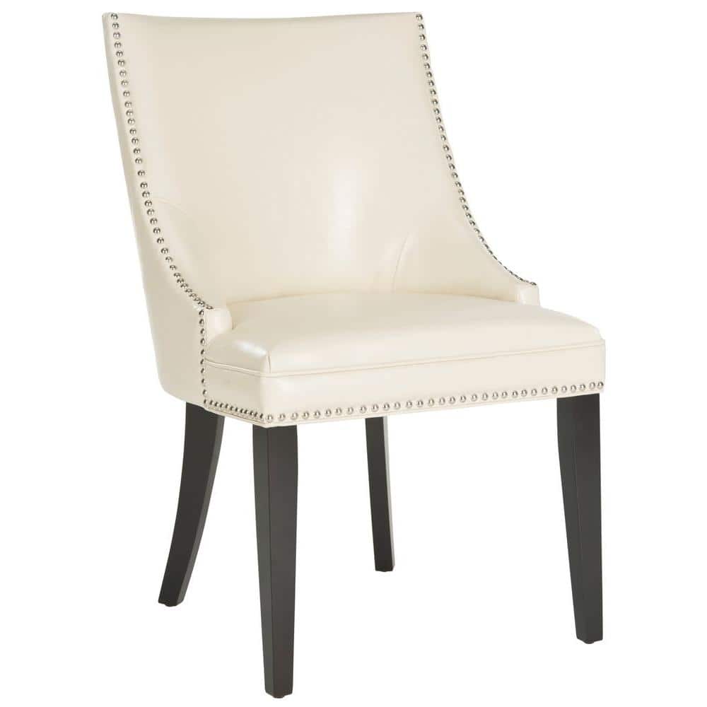 Flat Cream Leather Upholstered Parsons Side Chair with Nickel Trim