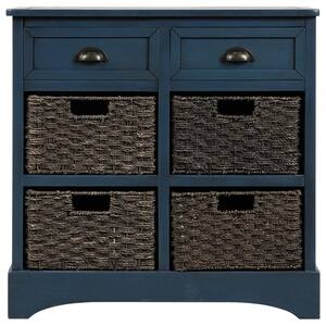 Antique Navy 28.00 in. Rustic Storage Cabinet with 2 Drawers and 4 Rattan Basket for Dining Room, Living Room