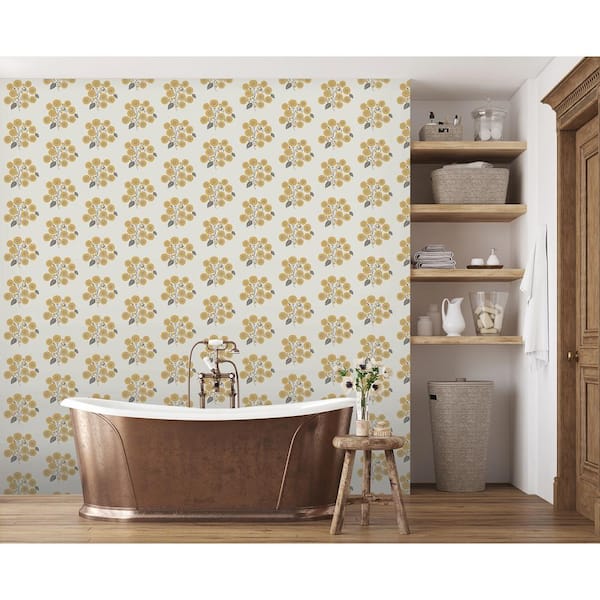StrawFlower Yellow Grey Matte Vinyl Peel and Stick Wallpaper