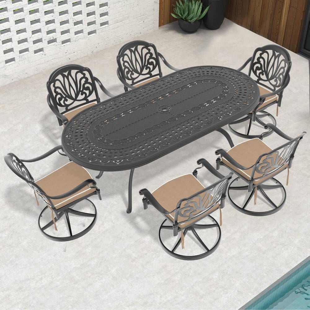 All-Weather 7-Piece Cast Aluminum Dining Set with 6 Swivel Chairs and Oval Table, Black Frame price history on PriceWatchPro