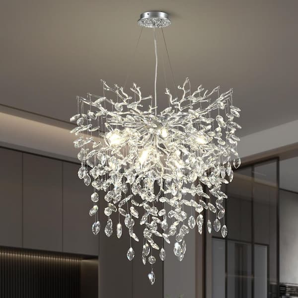 PUYRNF 24 in. 8-Light Silver Tree Branch Chandelier, Modern Crystal Chandelier for Dining Room Living Room Kitchen Bedroom