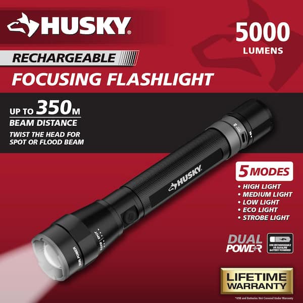 5000 Lumens Dual Power LED Rechargeable Focusing Flashlight with Rechargeable Battery and USB-C Cable Included