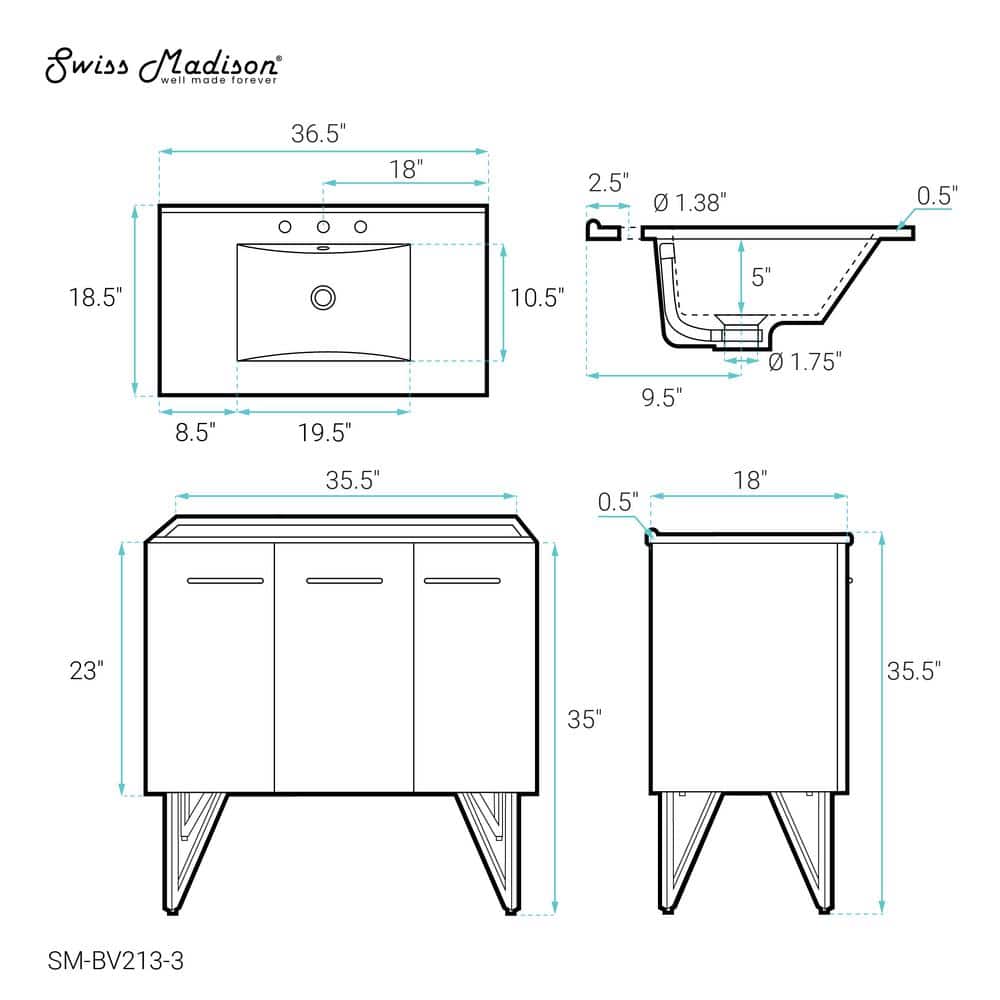 Annecy 36" Glossy White Freestanding Bathroom Vanity with Ceramic Sink