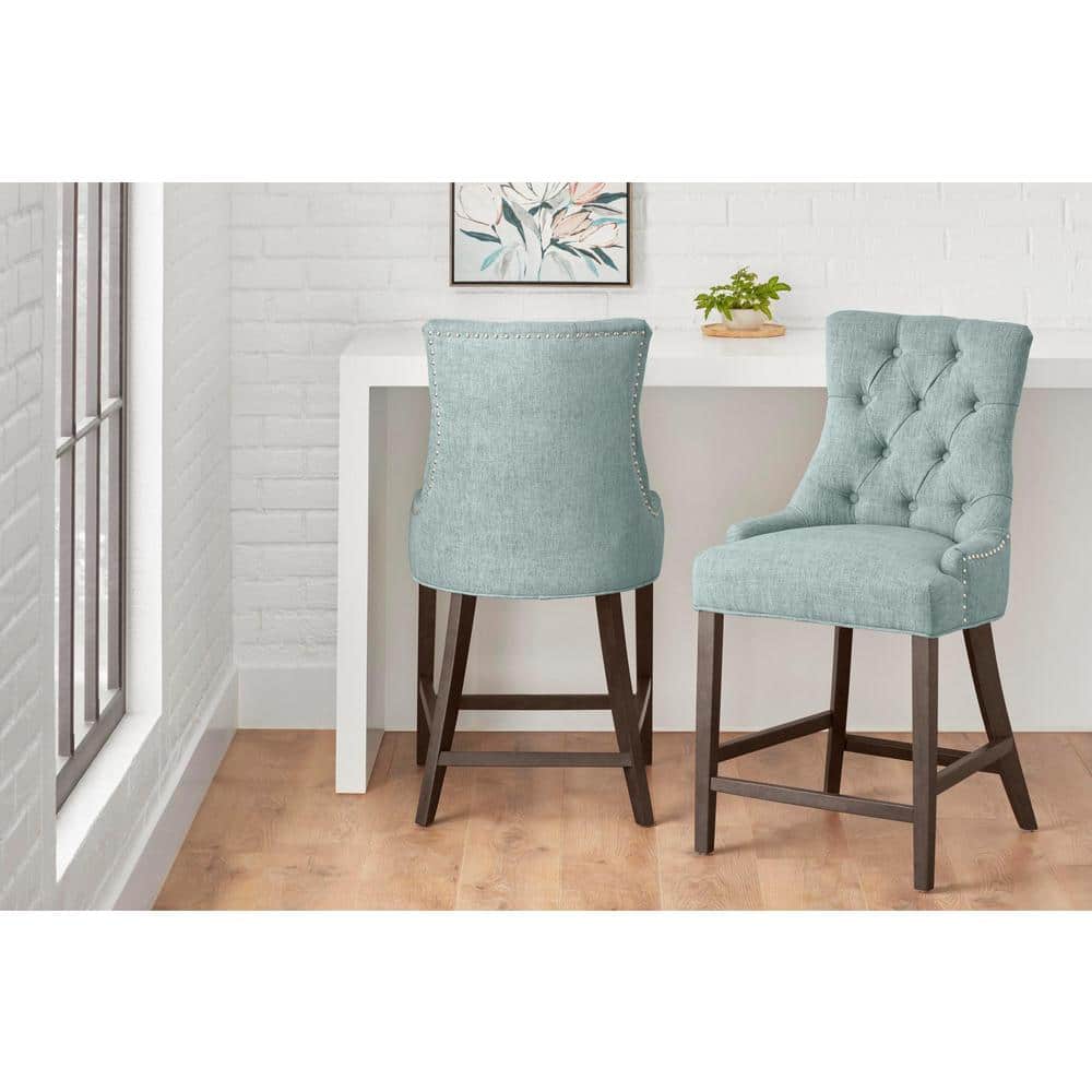 StyleWell Bakerford Aloe Blue Upholstered Counter Stool with Back (Set of 2), Aloe Blue/Walnut
