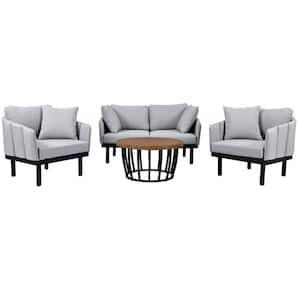 4-Piece Outdoor Patio Conversation Set with Acacia Wood Round Coffee Table and Gray Cushions