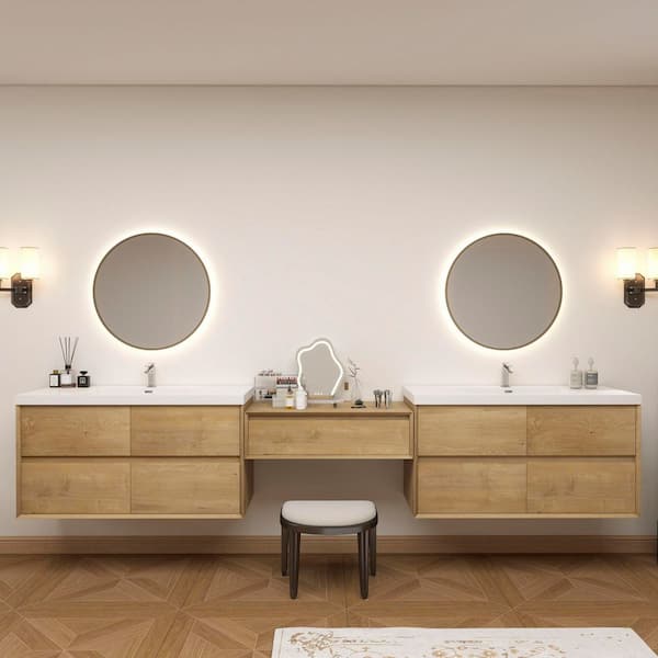 Kingdee 130 in. W x 20 in. D x 26 in. H Double Sink Middle Table Counter Bath Vanity in Teak Oak with White Acrylic Top