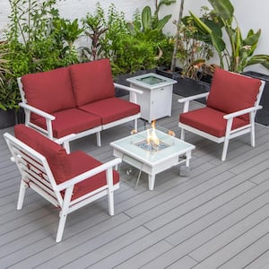 Walbrooke White 5-Piece Aluminum Square Patio Fire Pit Set with Red Cushions, Slats Design and Tank Holder