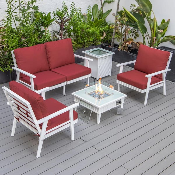 Leisuremod Walbrooke White 5-Piece Aluminum Square Patio Fire Pit Set with Red Cushions, Slats Design and Tank Holder