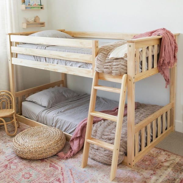 Natural Twin Over Twin Low Bunk Bed with Ladder