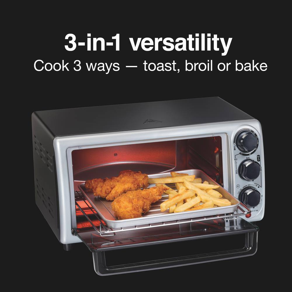 Proctor Silex Black and Silver 4-Slice Toaster Oven with Bake Pan