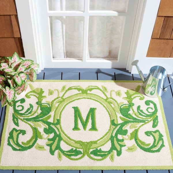 Monogram Beige/Green 3 ft. x 4 ft. "V" Swirl Leaves Indoor/Outdoor Area Rug