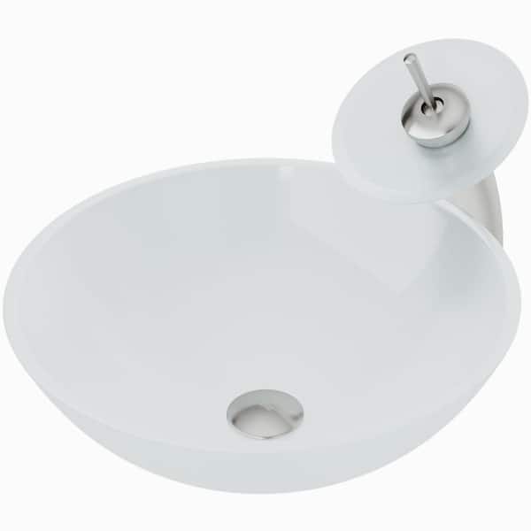VIGO Glass Round Vessel Bathroom Sink in Frosted White with Waterfall Faucet and Pop-Up Drain in Brushed Nickel