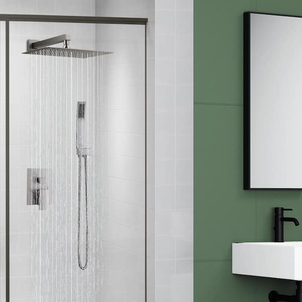 12 in. 2-Jet High-Pressure Rainfall Shower System w/Square Head and Handheld Shower in Brushed Nickel (Valve Included)