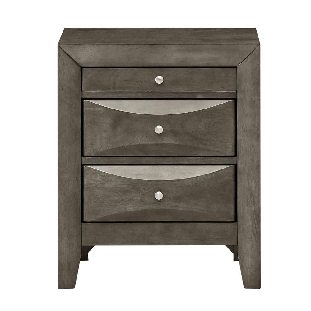 Gray Wood Veneer 3-Drawer Nightstand