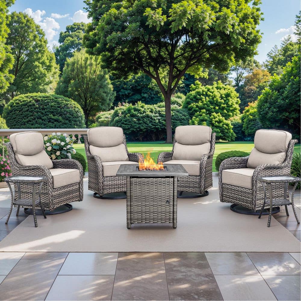 NovaSwivel 7-Piece Gray Wicker Outdoor Fire Pit Conversation Set with 6 in. Beige Cushions and Swivel Rocking Chairs price history on PriceWatchPro