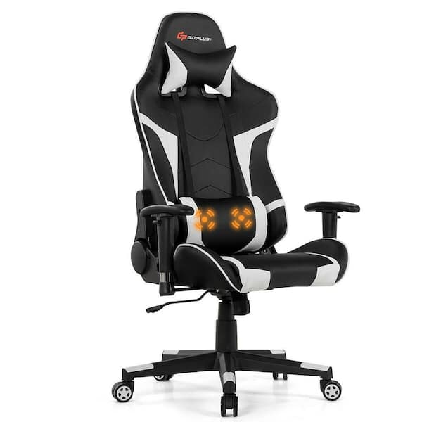 Goplus Massage White Gaming Chair Reclining Swivel Racing Office Chair with Lumbar Support
