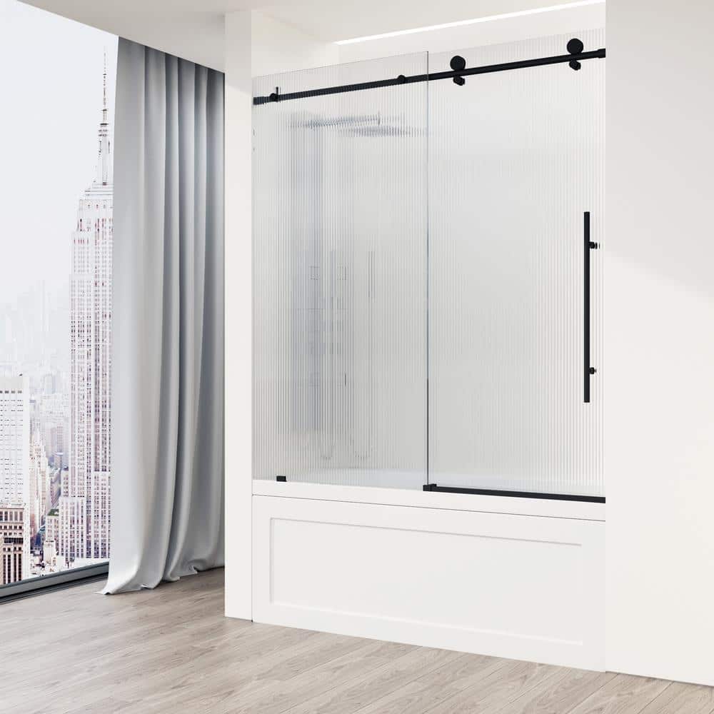 Elan E-Class 60" Matte Black Frameless Sliding Tub Door with Fluted Glass