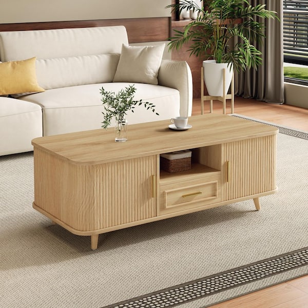 Beck Mid-Century Modern 47.24 in. Natural Rectangle MDF Storage Coffee Table with Sliding Doors, Drawer