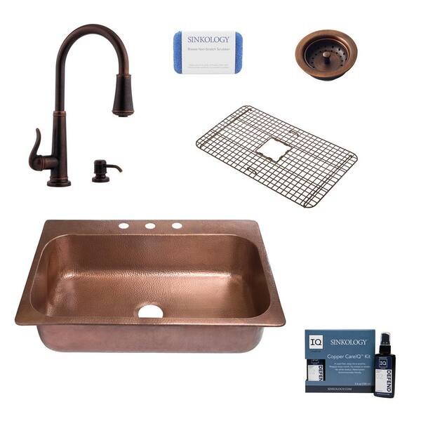 SINKOLOGY Angelico Drop-In Copper All-in-One 33 in. 3-Hole Single Bowl Kitchen Sink with Pfister Faucet and Strainer in Bronze