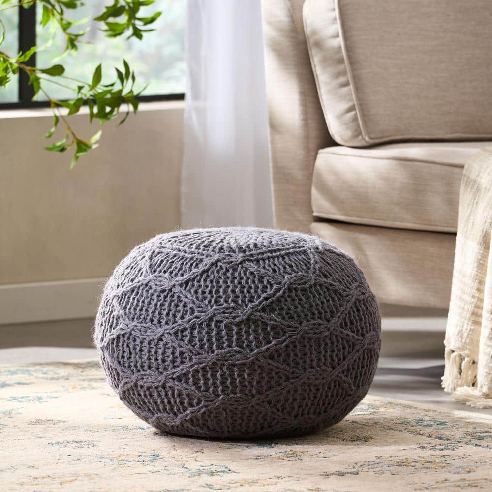 Beautiful Modern Refreshing Charcoal Cozy Knit Weave Handcrafted Pouf on Th