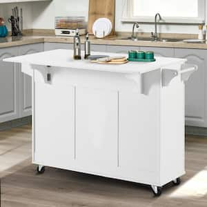 White Wood 53.2 in. Kitchen Island on 5 Wheels with Drop Leaf, Spice Rack, Adjustable Shelves and 2 Drawers