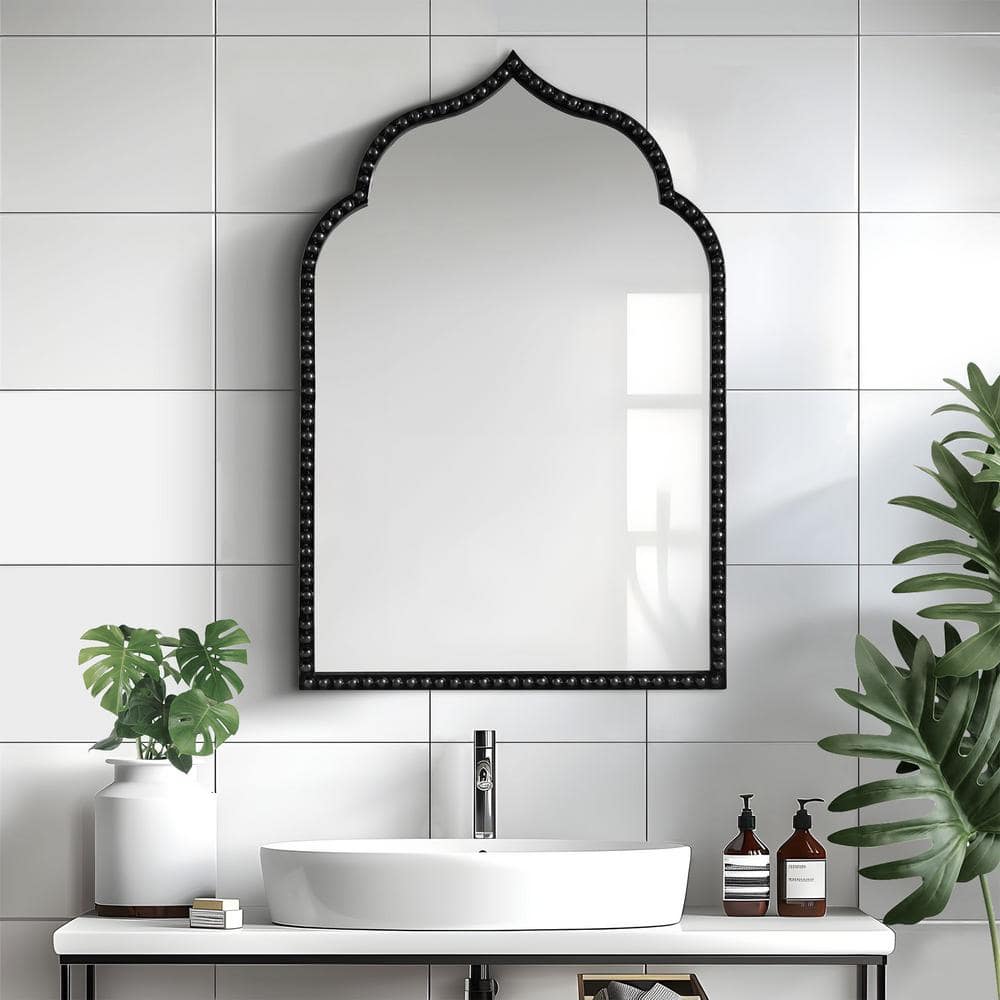 24 in. W x 36 in. H Vintage Arched Iron Framed Decorative Wall Mirror in Bl