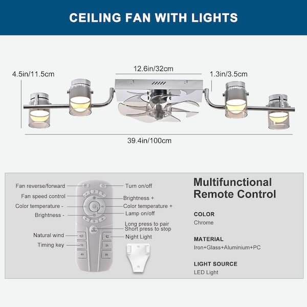 39.4 in. Indoor Chrome Reversible Low Profile Flush Mount Ceiling Fan with Dimmable LED Spotlights and Remote Included