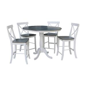 Laurel 5-Piece 36 in. White/Heather Gray Extendable Solid Wood Counter Height Dining Set with X-Back Stools