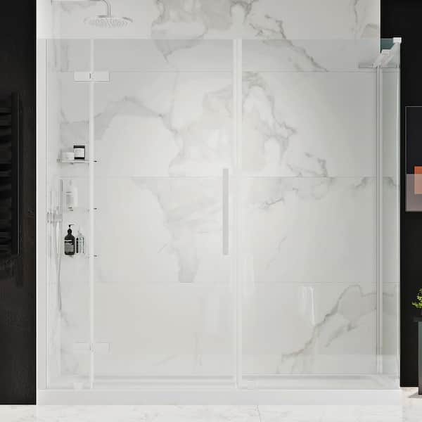 OVE Decors Tampa 72 in. L x 36 in. W x 75 in. H Corner Shower Kit w/ Pivot Frameless Shower Door in SN w/Shelves and Shower Pan