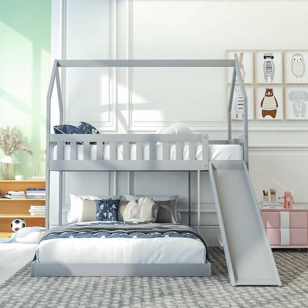 Qualler Gray Twin over Full House Bunk Bed with Slide