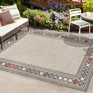 Sebastian Approximate Rug Size (5 x 8 ft.) High-Low Modern Brown/Ivory Diamond Border Indoor/Outdoor Area Rug